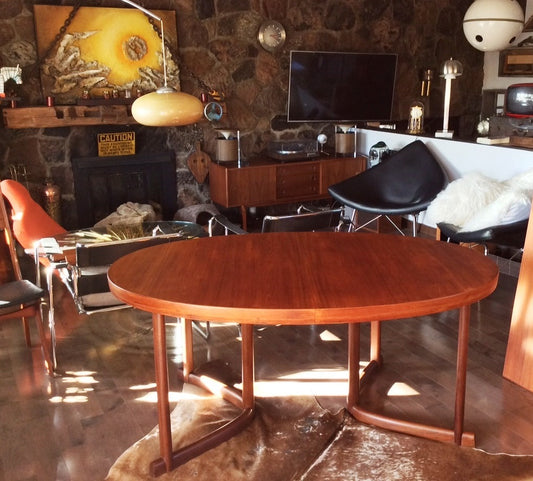REFINISHED Oval Mid-Century Modern SOLID Teak Dining Table with Two Extension Leaves and Curved Leg Detail- Large - Mid Century Modern Toronto