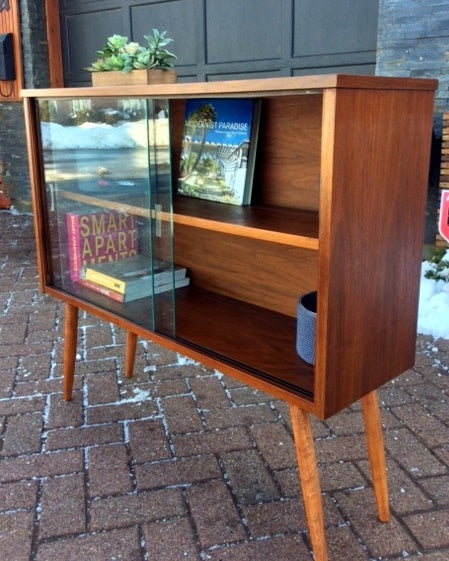 REFINISHED MCM Walnut Display Bookcase China Cabinet with glass doors 40" - Mid Century Modern Toronto