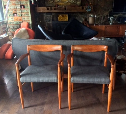 A Pair of REFINISHED REUPHOLSTERED Danish MCM  Teak Carver Armchairs by H.W. Klein for Bramin Møbler, each $349 - Mid Century Modern Toronto