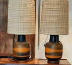 Set of 2 Large Mid Century Modern Orange Pottery Lamps, H 34