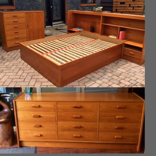 Teak MCM Queen Bedroom Set, made in Sweden, Restored, like New (platform bed, nightstands, his and her dressers) - Mid Century Modern Toronto