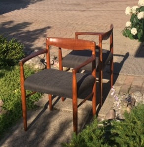 A Pair of REFINISHED REUPHOLSTERED Danish MCM  Teak Carver Armchairs by H.W. Klein for Bramin Møbler, each $349 - Mid Century Modern Toronto