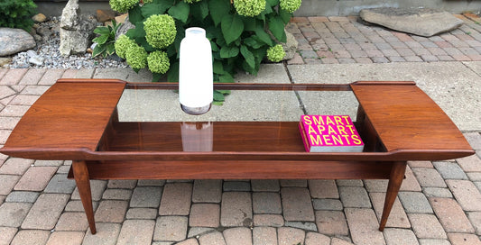 ON HOLD   REFINISHED MCM Walnut & Glass 2 Tier Coffee Table 59.5" - Mid Century Modern Toronto