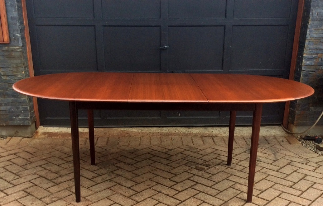 REFINISHED MCM Teak Dining Table Oval Self Storing with butterfly/ jackknife/ pop up leaf extension - Mid Century Modern Toronto