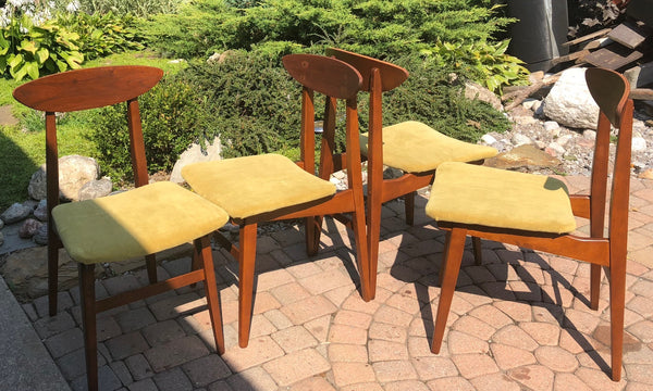 4 MCM Teak Chairs REFINISHED REUPHOLSTERED mustard velvet, each $149 - Mid Century Modern Toronto
