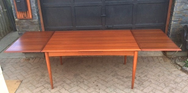 REFINISHED Danish MCM  Teak Table w 2 Leaves by DYRLUND 59"-104" - Mid Century Modern Toronto