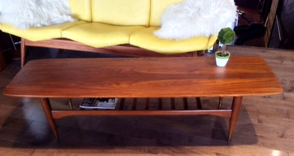 Mid Century Modern Walnut Coffee Table Surfboard with Shelf REFINISHED - Mid Century Modern Toronto