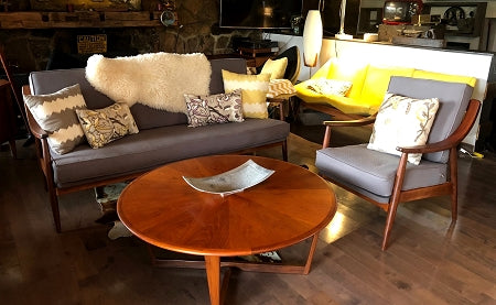 RESERVED FOR PETER & KAREN *******REFINISHED REUPHOLSTERED MCM Walnut  Sofa & 2 Lounge Chairs Grey (buy all set or separately) - Mid Century Modern Toronto