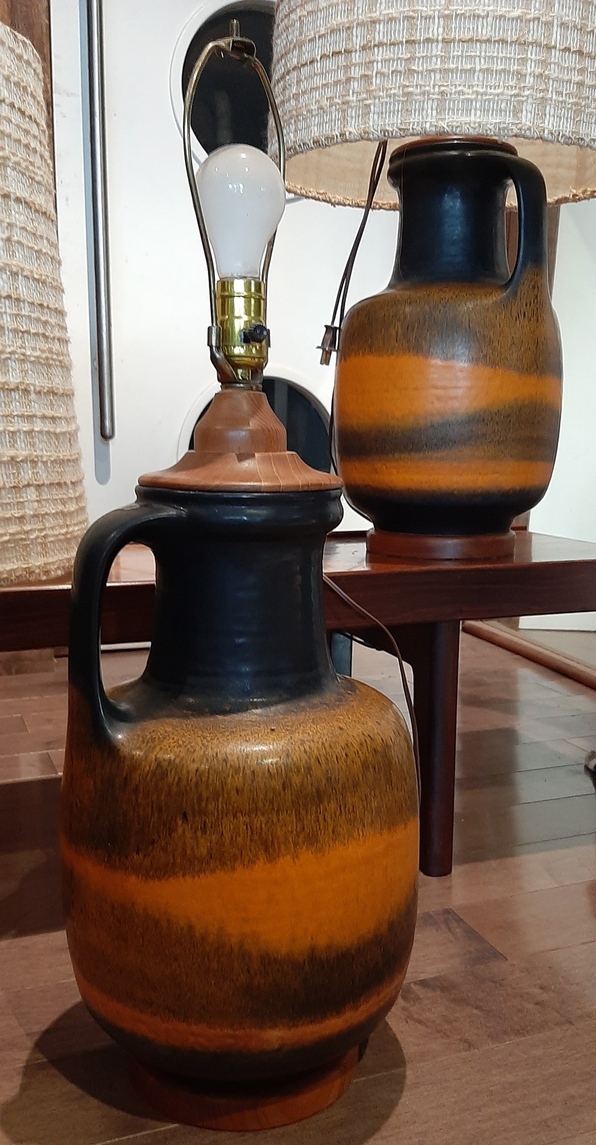 Set of 2 Large Mid Century Modern Orange Pottery Lamps, H 34