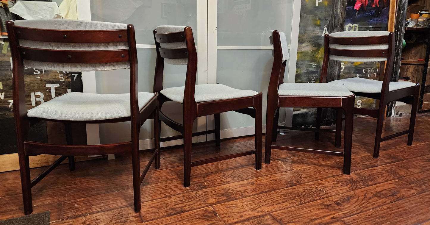 4 REUPHOLSTERED Mid Century Modern Dining Chairs in Maharam l.grey fabric, very comfortable