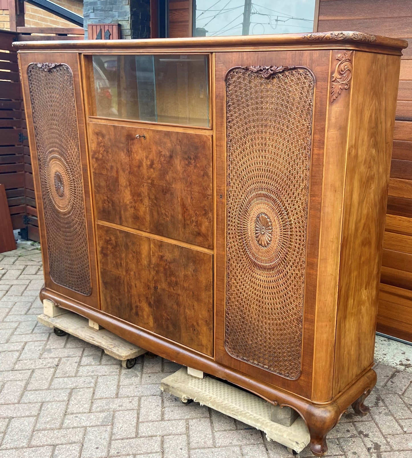 RESTORED Stunning Burr Walnut Armoire Wardrobe Secretary Desk