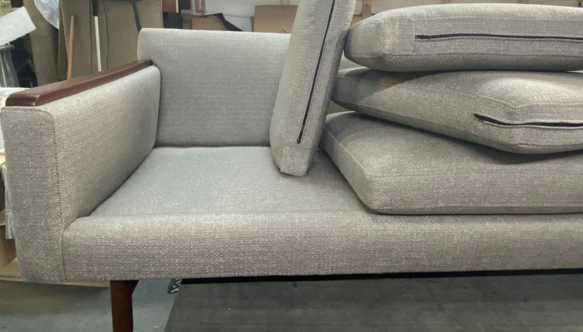 REFINISHED REUPHOLSTERED in Greige Performance Fabric High Quality MCM Sofa by SELIG - PERFECT