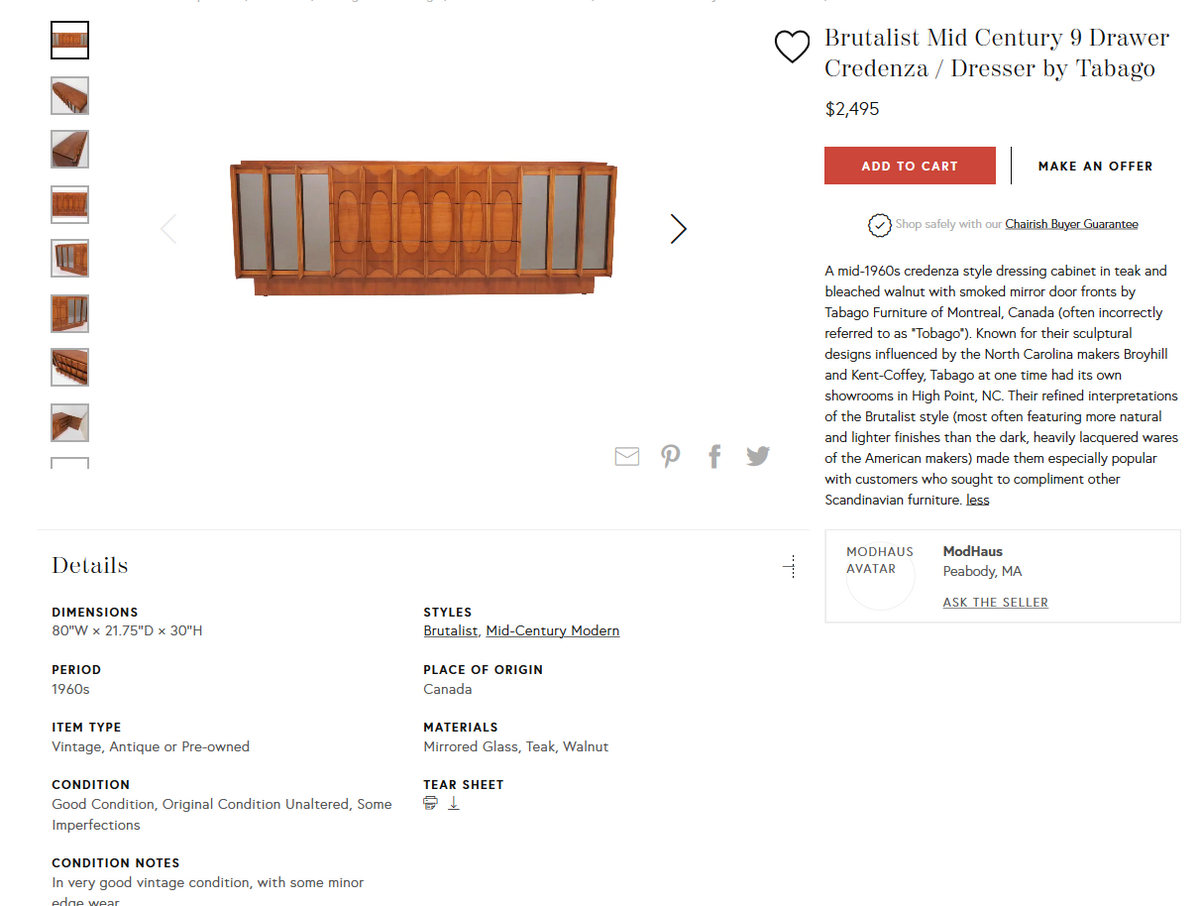 RESTORED Rare MCM Teak & Walnut Mirrored Brutalist Credenza Dresser 80