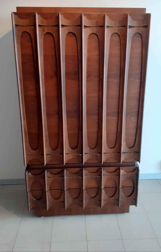 RESTORED Rare MCM Walnut Mirrored Brutalist Armoire High Credenza