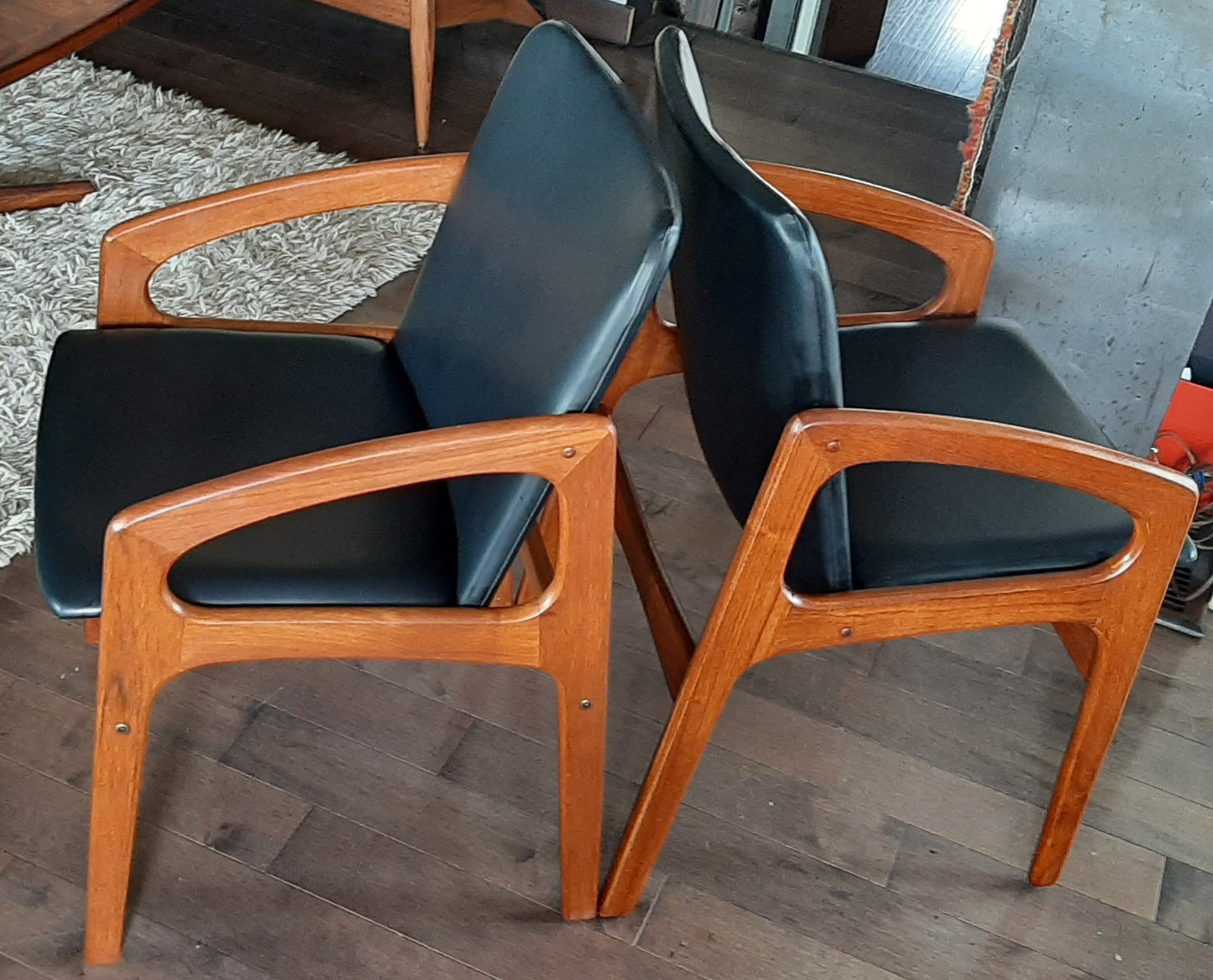2 REFINISHED REUPHOLSTERED Danish MCM Angled Arm Chairs by H. Kjaernulf