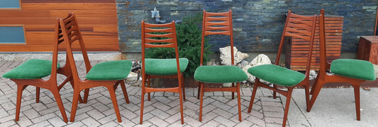 6 REFINISHED Danish MCM Teak Chairs by Niels Moller REUPHOLSTERED in green wool mohair