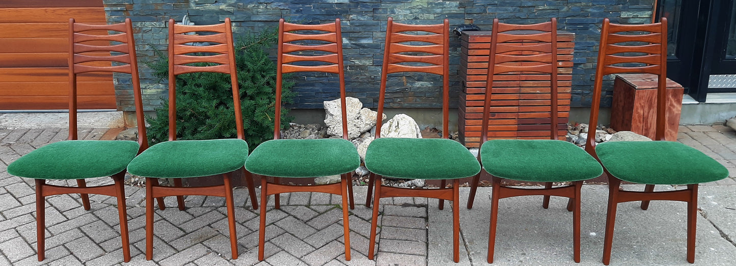 6 REFINISHED Danish MCM Teak Chairs by Niels Moller REUPHOLSTERED in green wool mohair