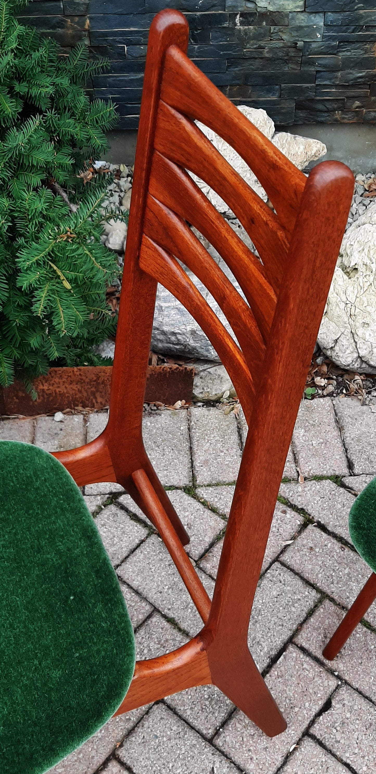 6 REFINISHED Danish MCM Teak Chairs by Niels Moller REUPHOLSTERED in green wool mohair