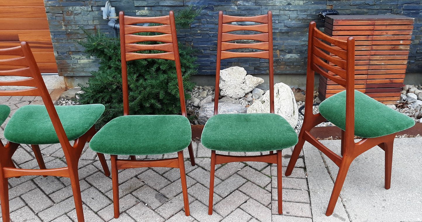 6 REFINISHED Danish MCM Teak Chairs by Niels Moller REUPHOLSTERED in green wool mohair