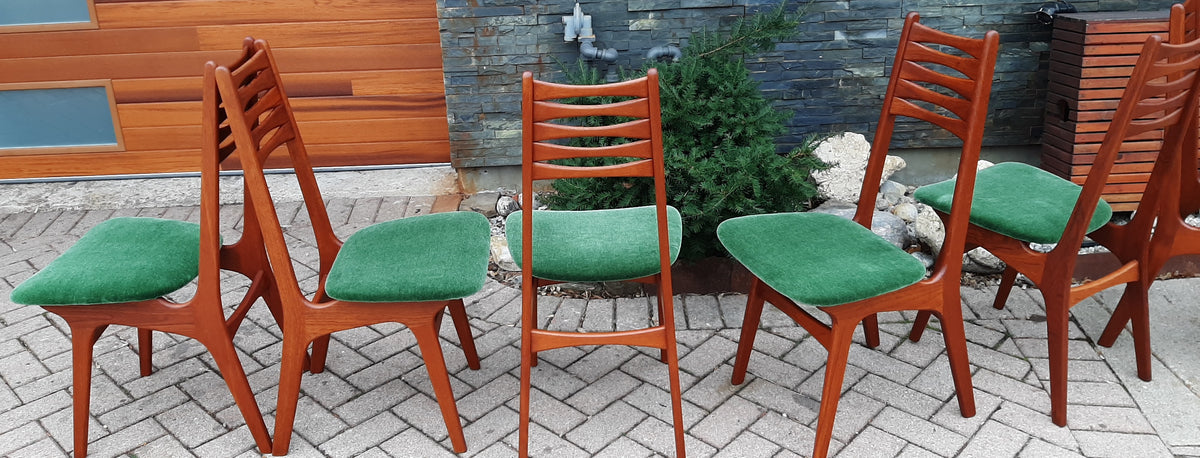 6 REFINISHED Danish MCM Teak Chairs by Niels Moller REUPHOLSTERED in green wool mohair