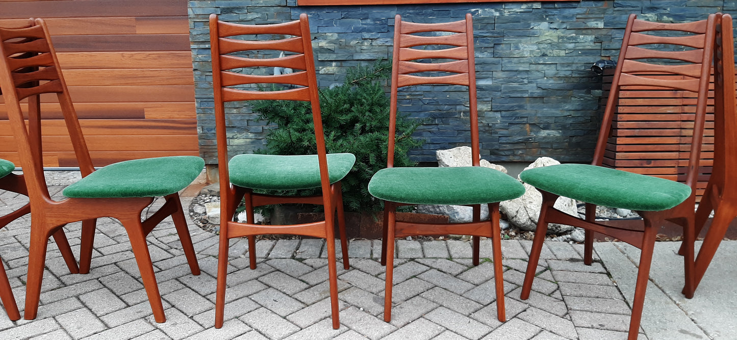 6 REFINISHED Danish MCM Teak Chairs by Niels Moller REUPHOLSTERED in green wool mohair