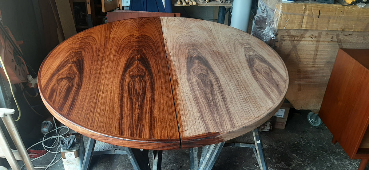 REFINISHED Danish Mid Century Modern Rosewood Table Round to Oval w 2 Leaves 47