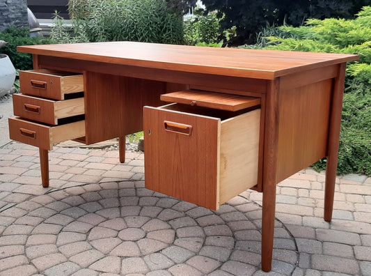 REFINISHED Danish Mid Century Modern Teak Desk w Finished Back