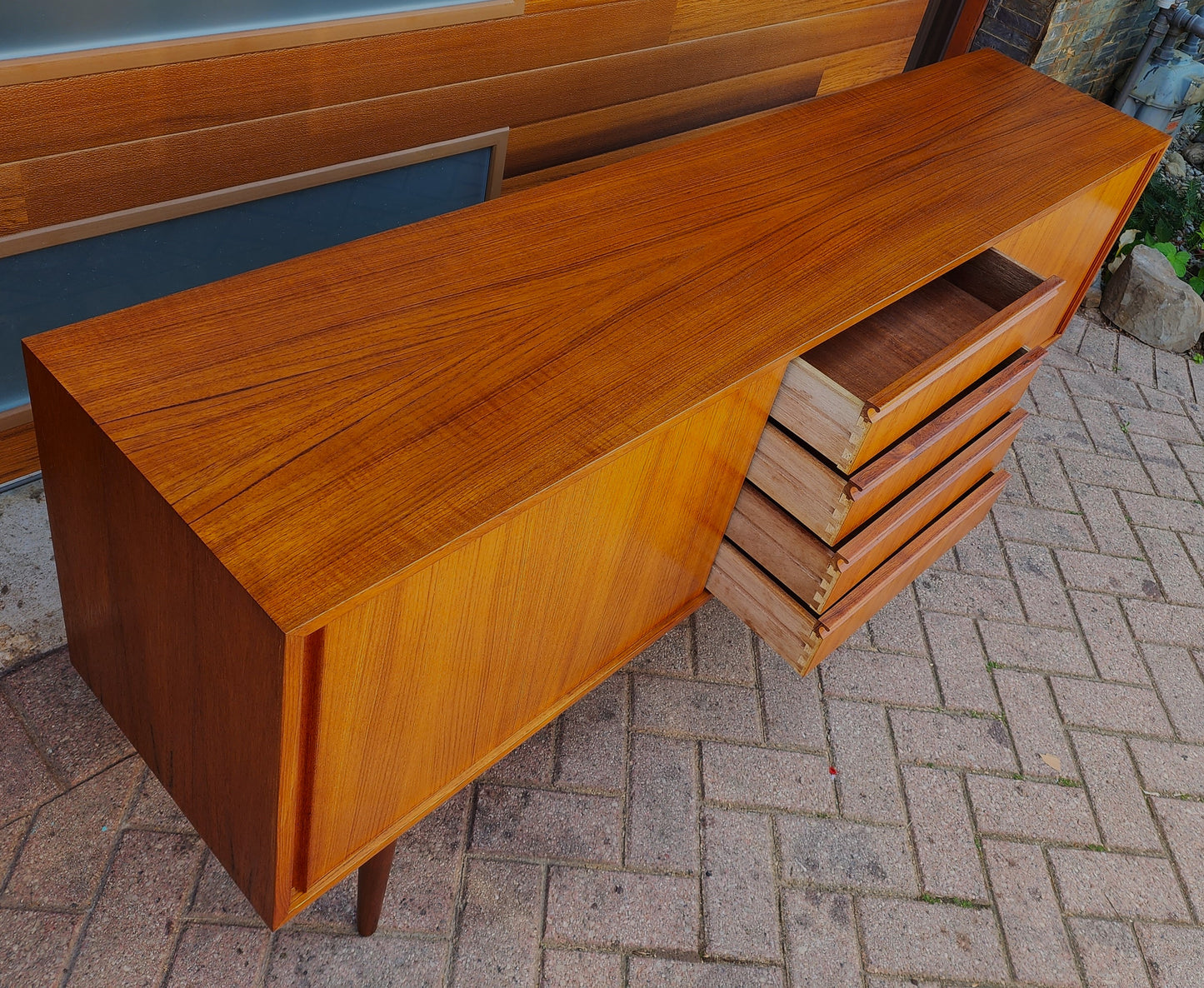 Danish Mid Century Modern Teak Sideboard Credenza Narrow 6 ft