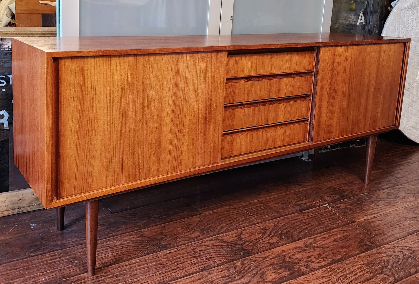 Danish Mid Century Modern Teak Sideboard Credenza Narrow 6 ft