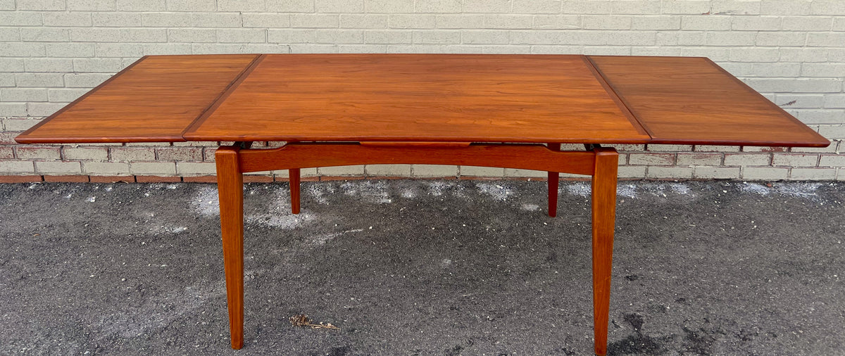 REFINISHED Danish Mid Century Modern Teak Table Draw Leaf, Floating Look 52