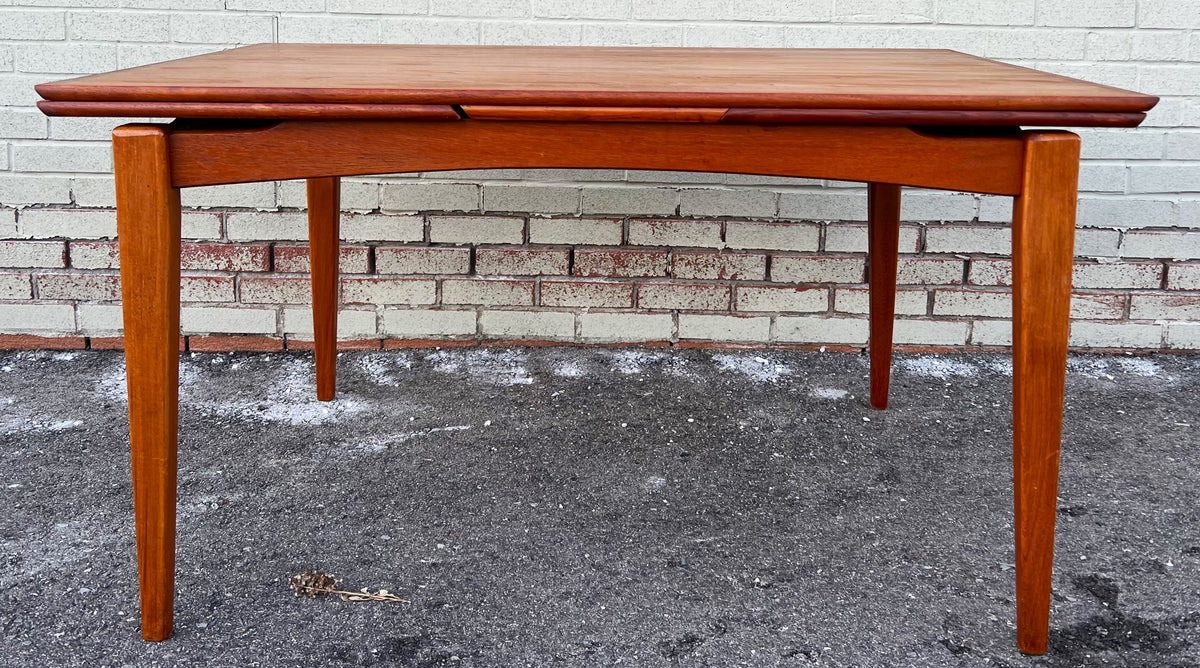 REFINISHED Danish Mid Century Modern Teak Table Draw Leaf, Floating Look 52