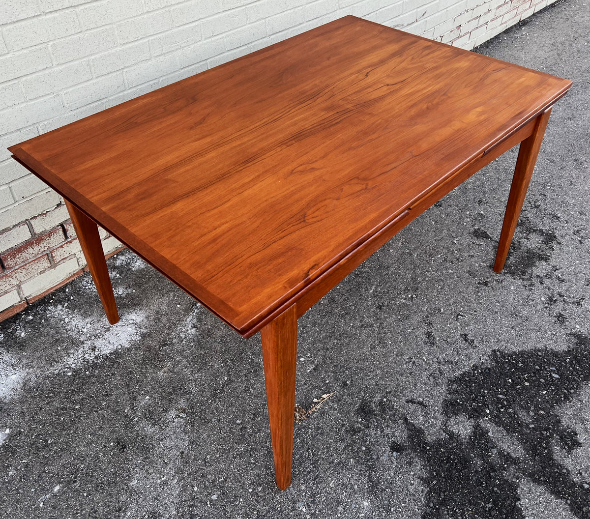 REFINISHED Danish Mid Century Modern Teak Table Draw Leaf, Floating Look 52