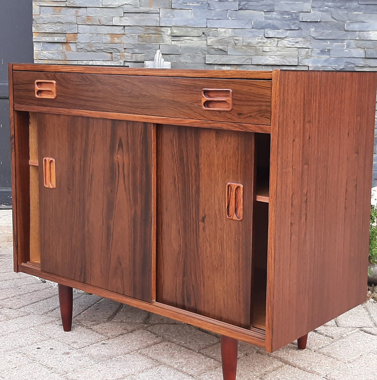 RESTORED Danish MCM Rosewood Cabinet with sliding doors & drawer, compact 34