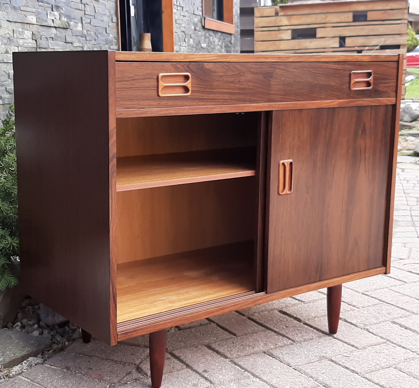 RESTORED Danish MCM Rosewood Cabinet with sliding doors & drawer, compact 34", perfect - Mid Century Modern Toronto