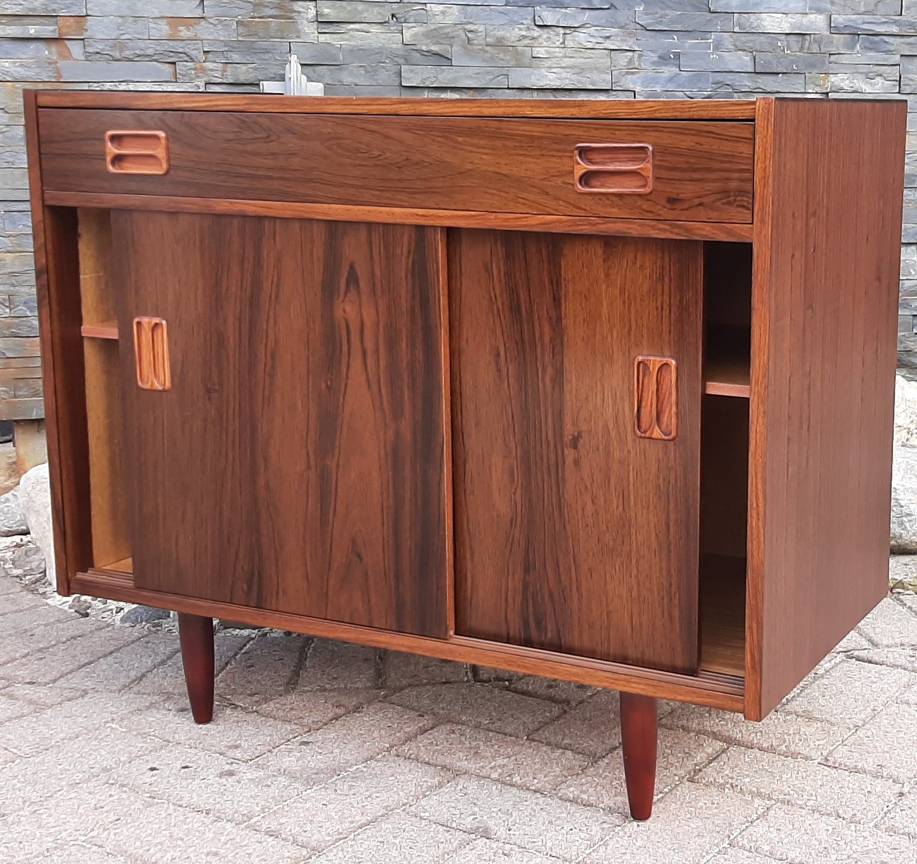 RESTORED Danish MCM Rosewood Cabinet with sliding doors & drawer, compact 34", perfect - Mid Century Modern Toronto