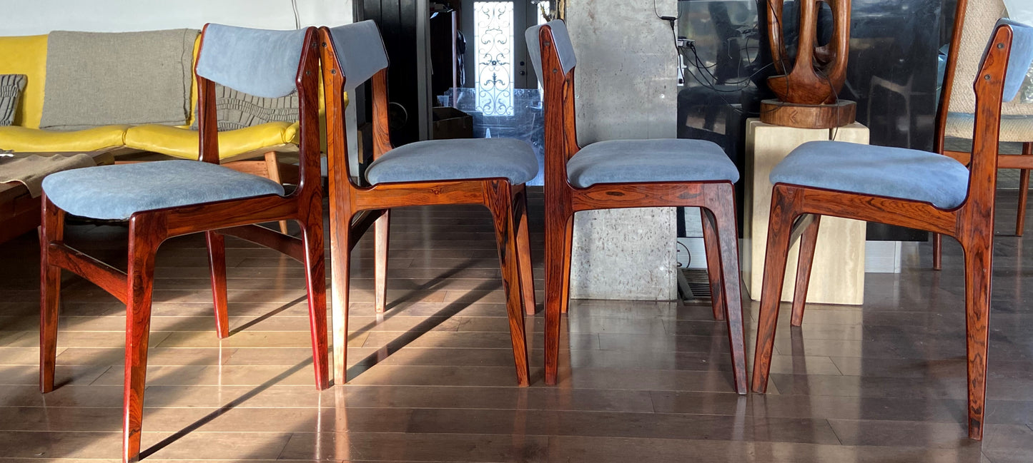 4 Danish MCM Brazilian Rosewood Chairs by Erik Buch REUPHOLSTERED in grey wool mohair