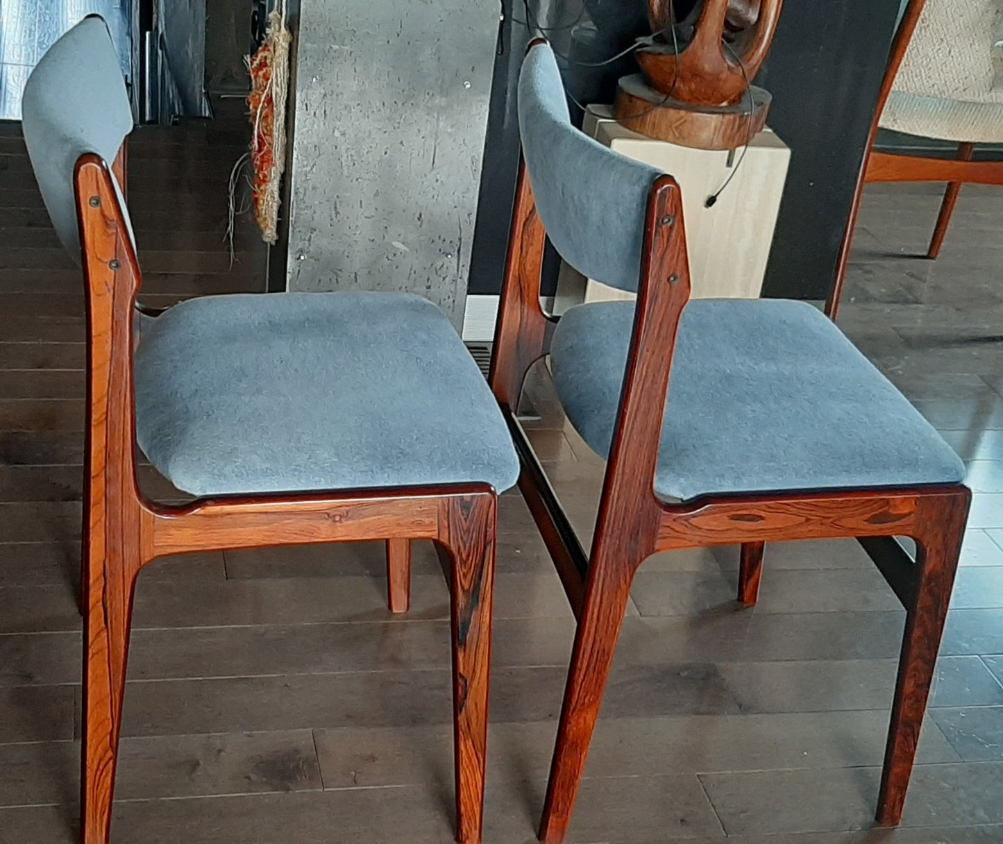 4 Danish MCM Brazilian Rosewood Chairs by Erik Buch REUPHOLSTERED in grey wool mohair