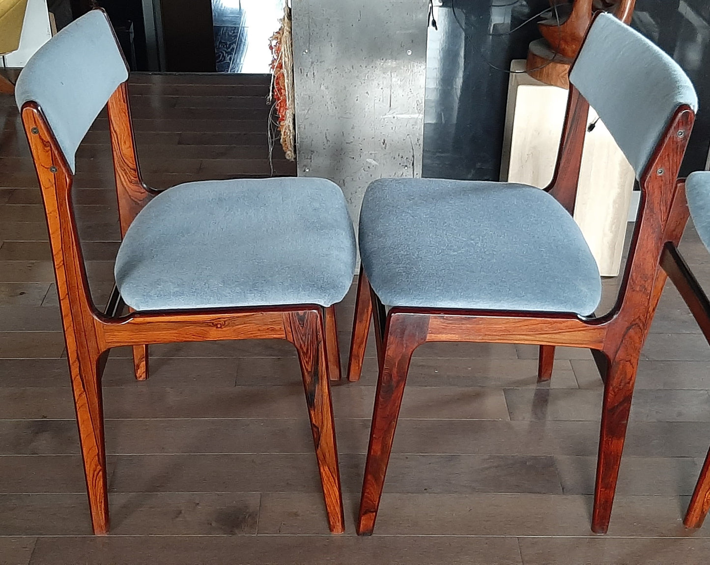 4 Danish MCM Brazilian Rosewood Chairs by Erik Buch REUPHOLSTERED in grey wool mohair