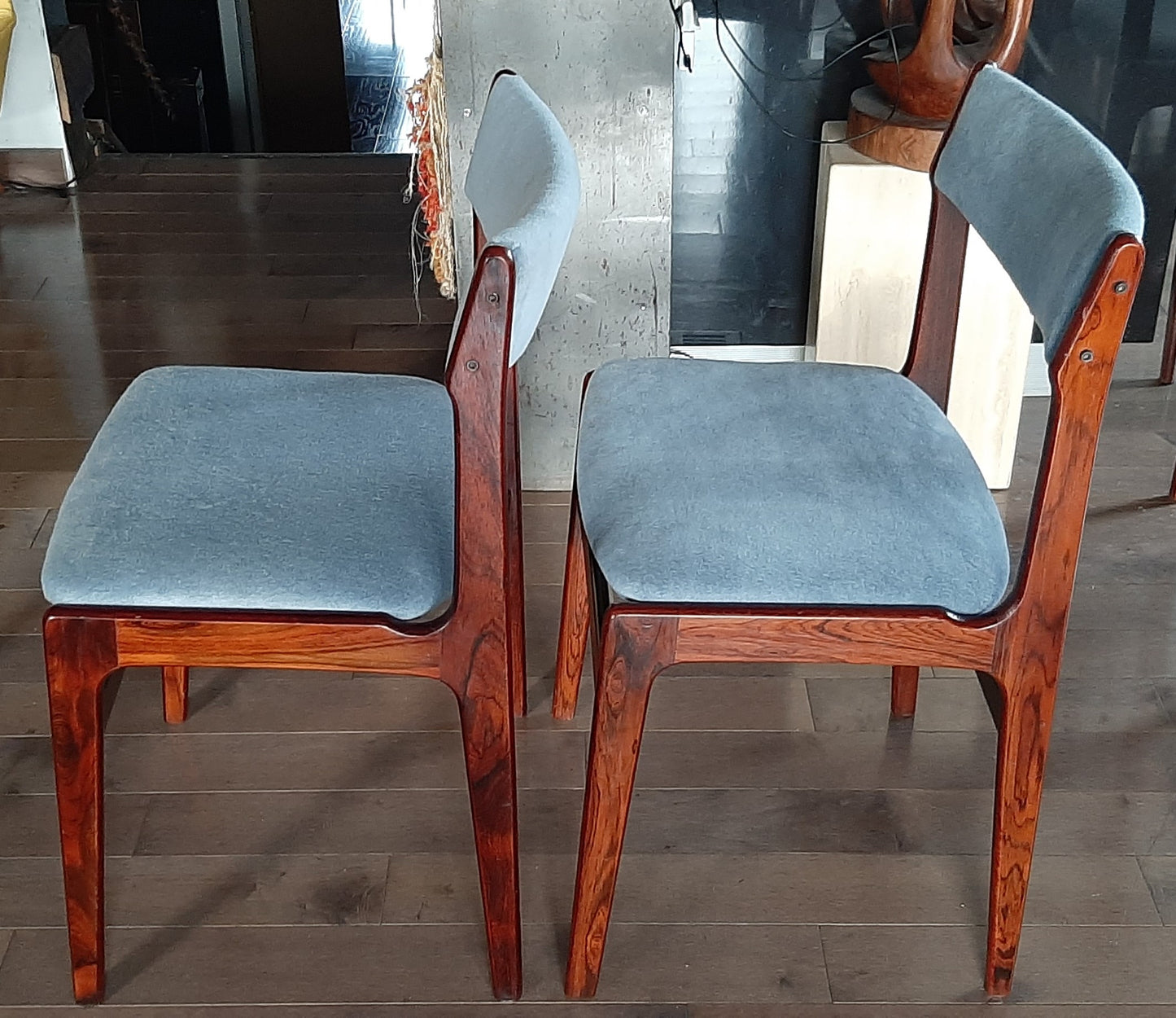 4 Danish MCM Brazilian Rosewood Chairs by Erik Buch REUPHOLSTERED in grey wool mohair