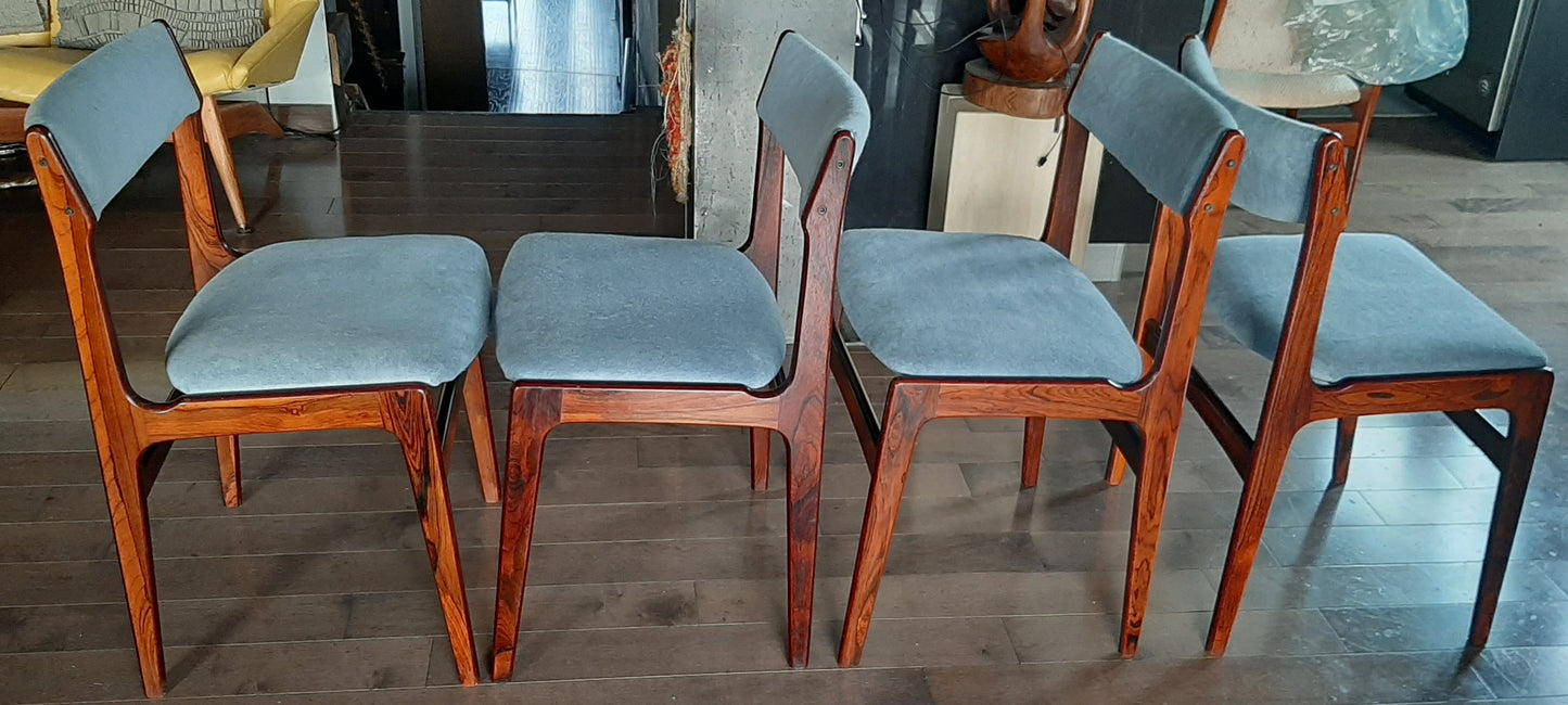 4 Danish MCM Brazilian Rosewood Chairs by Erik Buch REUPHOLSTERED in grey wool mohair