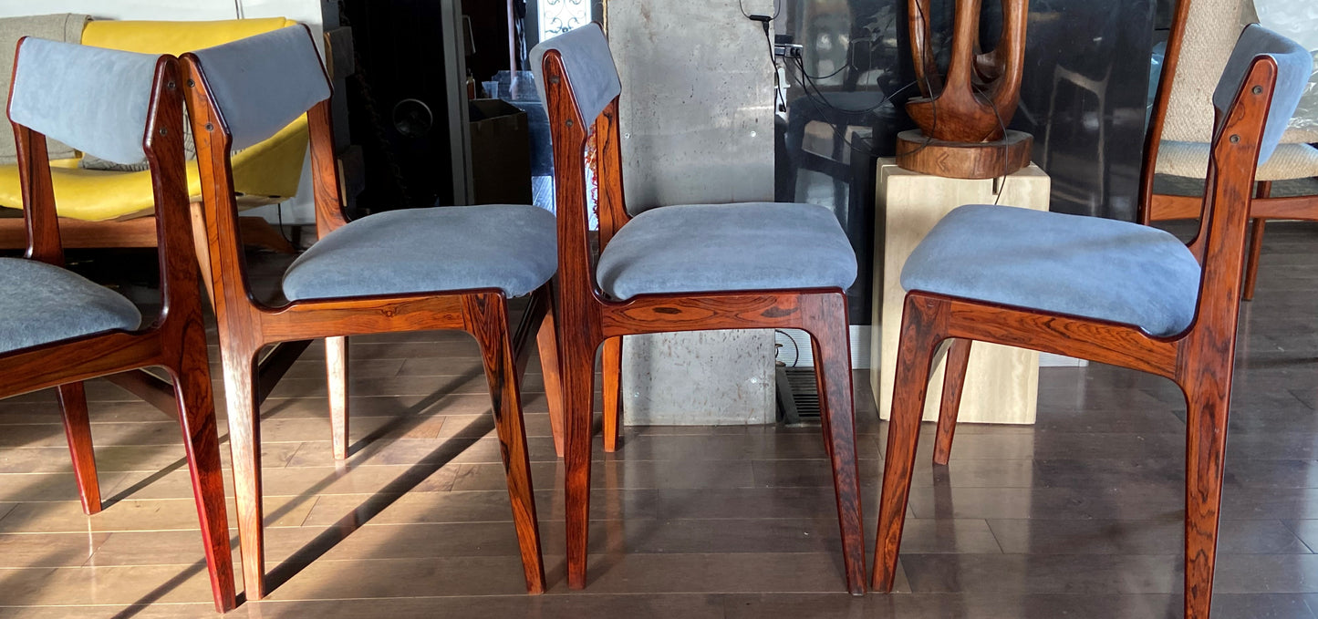 4 Danish MCM Brazilian Rosewood Chairs by Erik Buch REUPHOLSTERED in grey wool mohair