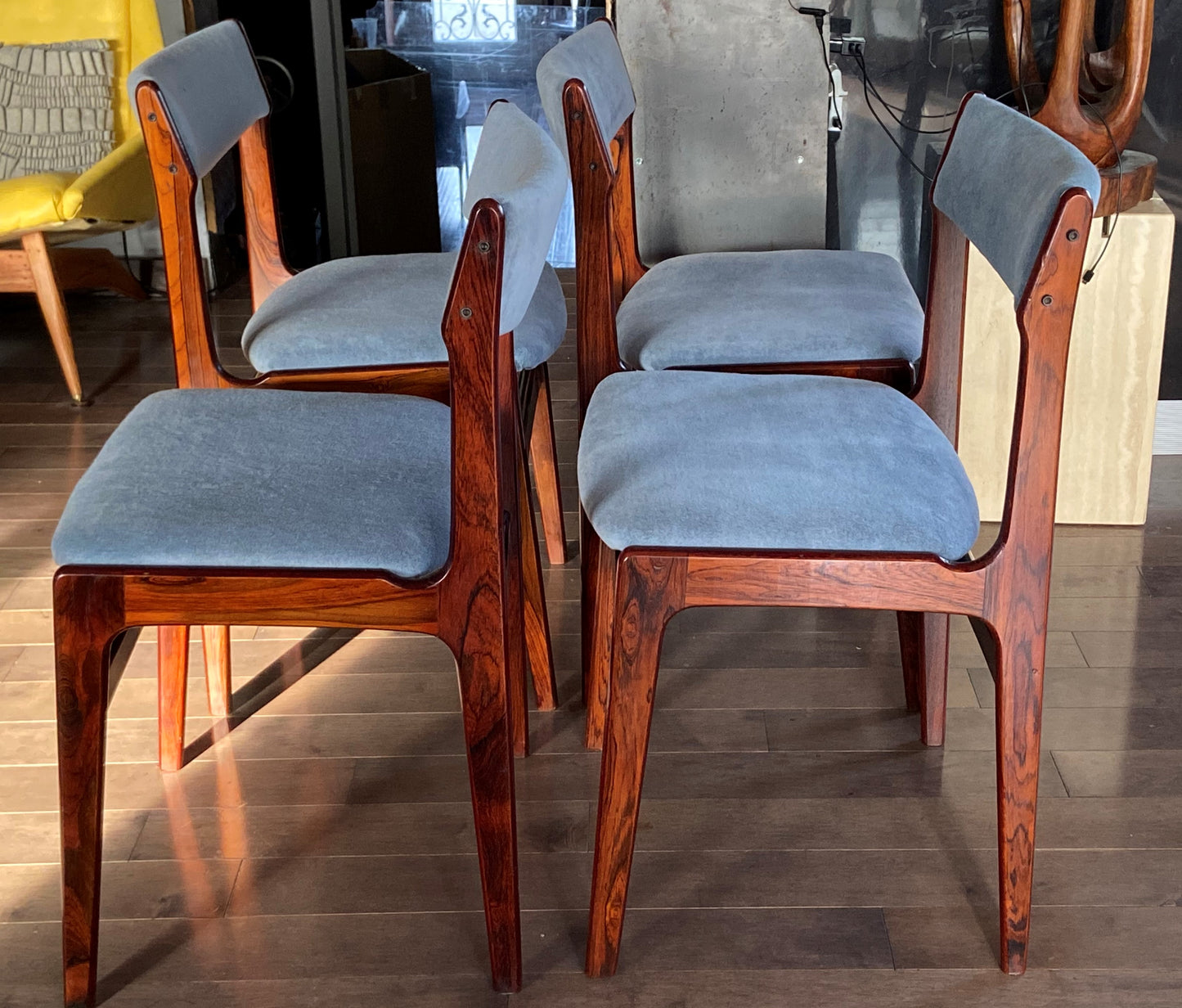 4 Danish MCM Brazilian Rosewood Chairs by Erik Buch REUPHOLSTERED in grey wool mohair