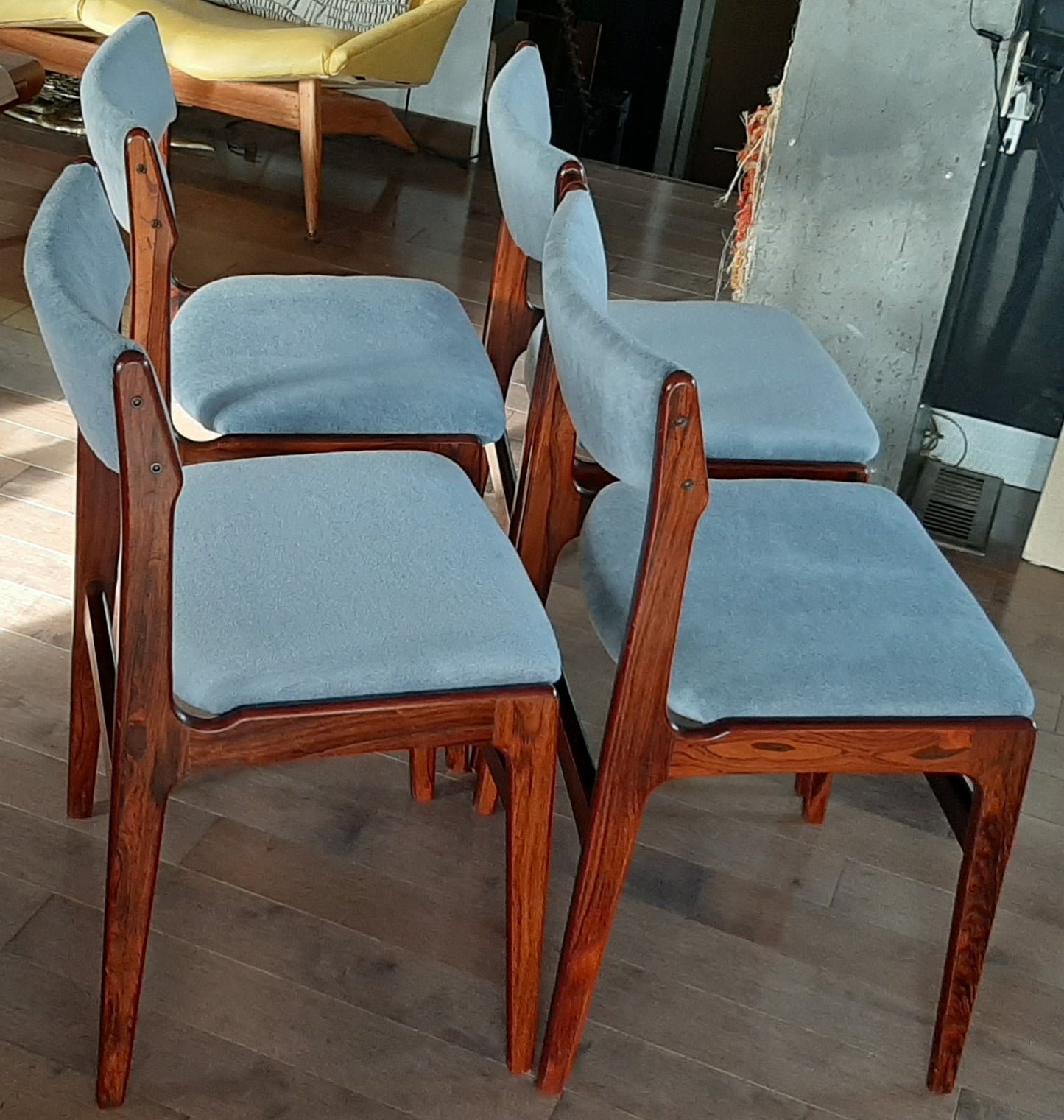 4 Danish MCM Brazilian Rosewood Chairs by Erik Buch REUPHOLSTERED in grey wool mohair