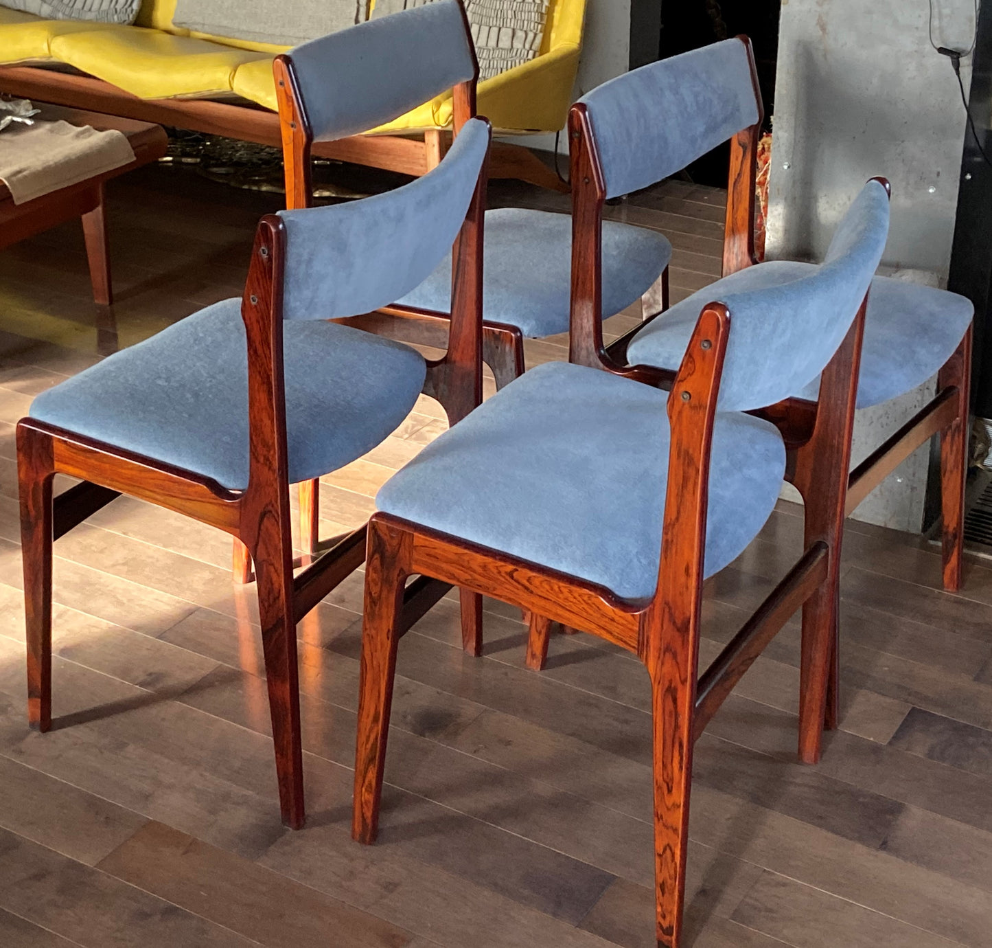 4 Danish MCM Brazilian Rosewood Chairs by Erik Buch REUPHOLSTERED in grey wool mohair