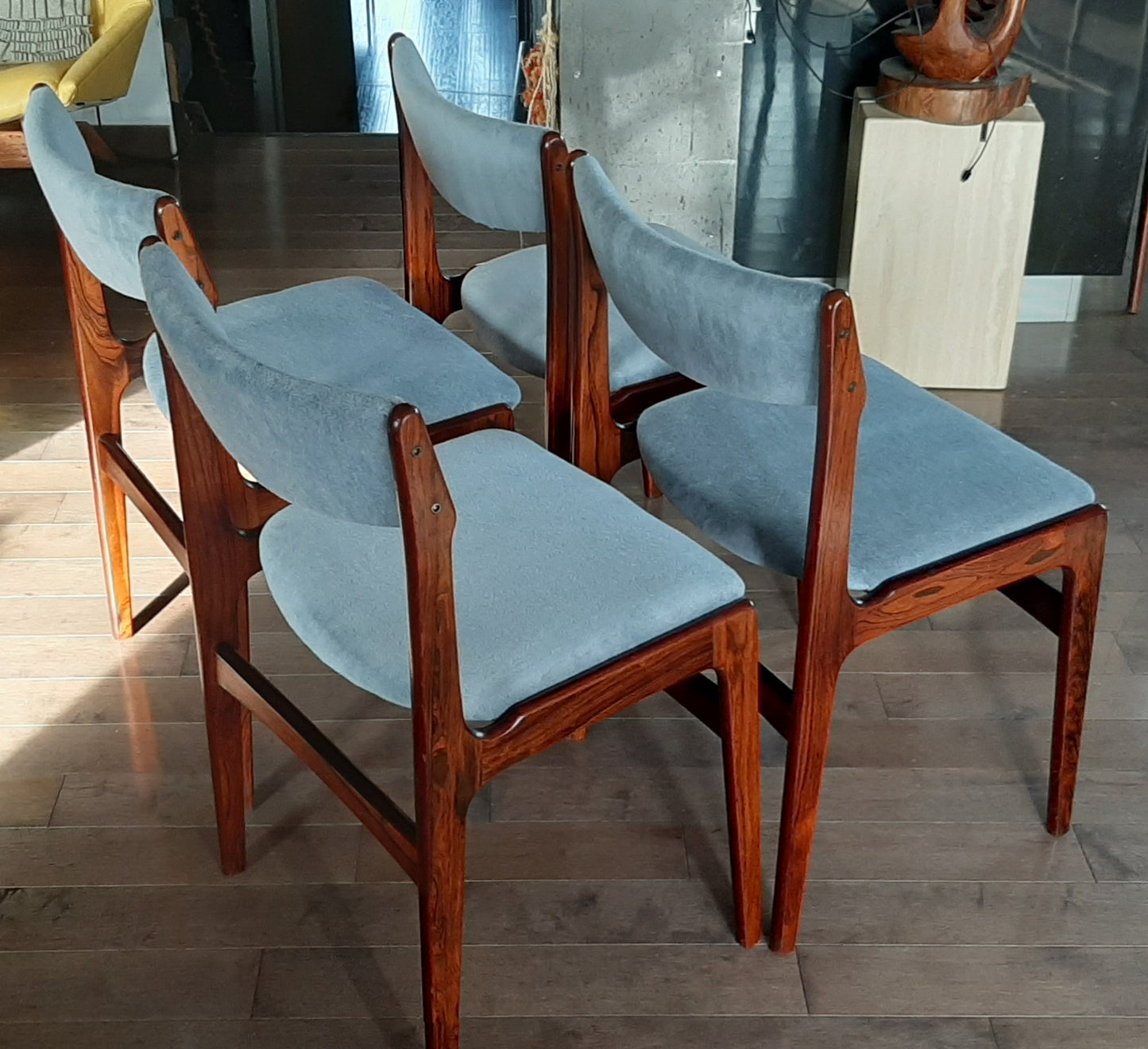 4 Danish MCM Brazilian Rosewood Chairs by Erik Buch REUPHOLSTERED in grey wool mohair