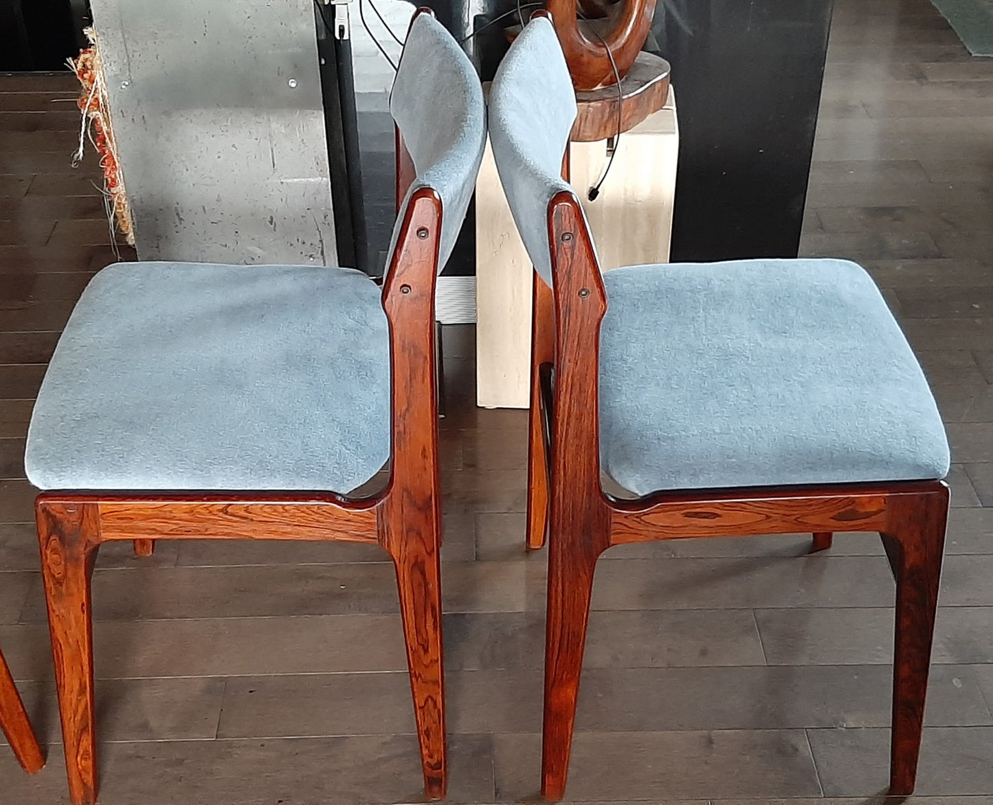 4 Danish MCM Brazilian Rosewood Chairs by Erik Buch REUPHOLSTERED in grey wool mohair