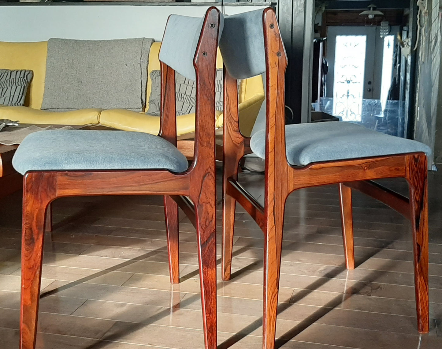 4 Danish MCM Brazilian Rosewood Chairs by Erik Buch REUPHOLSTERED in grey wool mohair