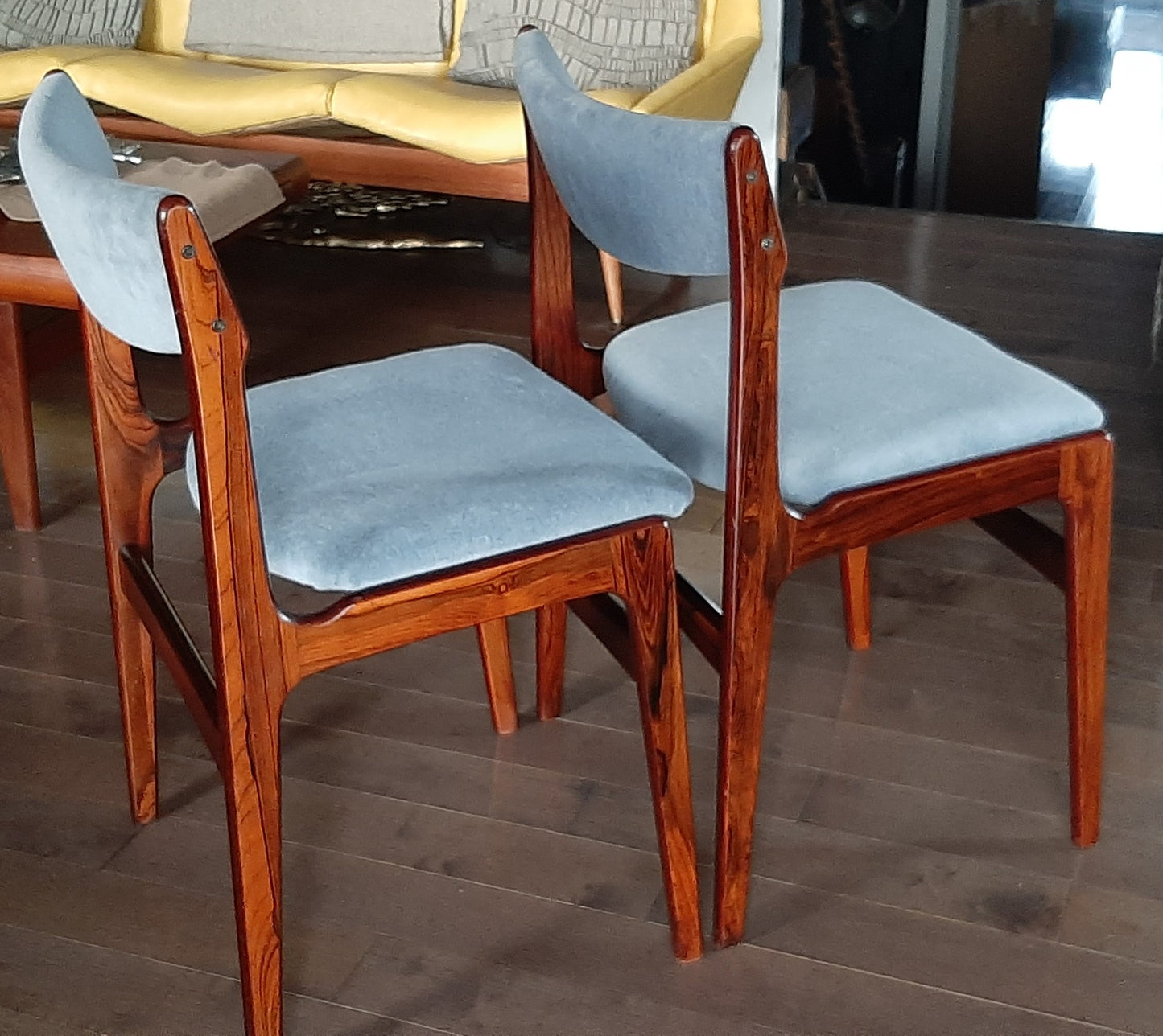 4 Danish MCM Brazilian Rosewood Chairs by Erik Buch REUPHOLSTERED in grey wool mohair