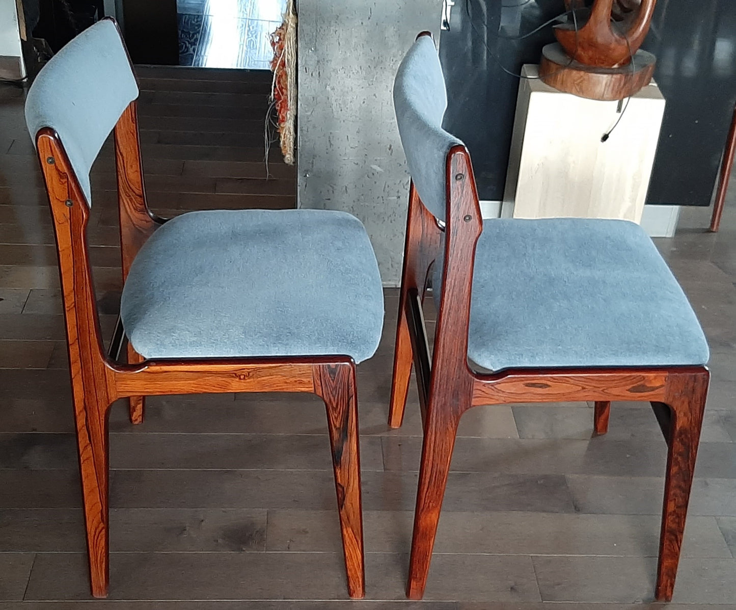 4 Danish MCM Brazilian Rosewood Chairs by Erik Buch REUPHOLSTERED in grey wool mohair