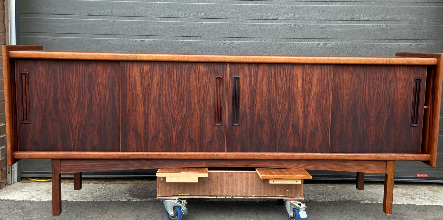 REFINISHED Danish MCM Brazilian Rosewood Sideboard Credenza, 4 sliding doors, perfect, 81.5"